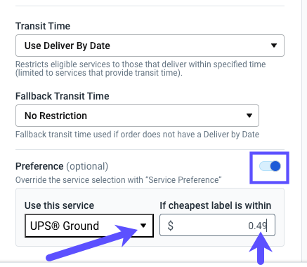 Preference options: Shown toggled on, UPS Ground as preferred service, & cost range within $0.49.