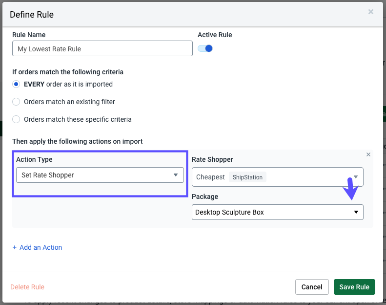 Define Rule popup. Boxes highlight action Type and Rate Shopper dropdowns.
