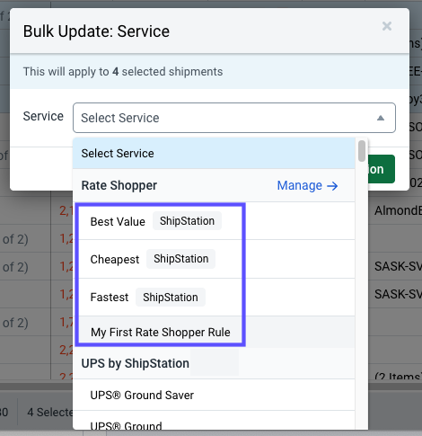 Bulk Update service selection menus, shows Rate Shopper rules