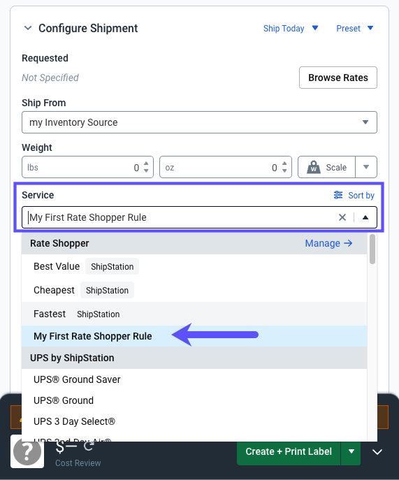 Boxes highlight Default service in configure shipment widget and the service rate.