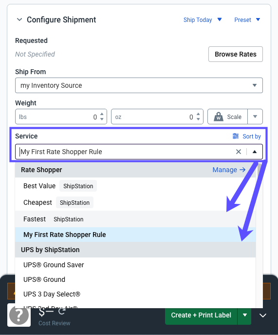 Configure Shipment widget shows Rate shopper menu with rules you can manually set.