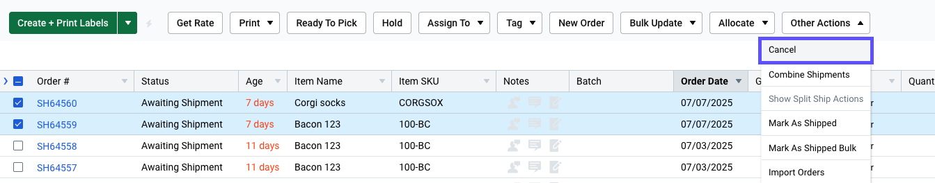 Other Actions menu of Orders grid with Cancel option marked