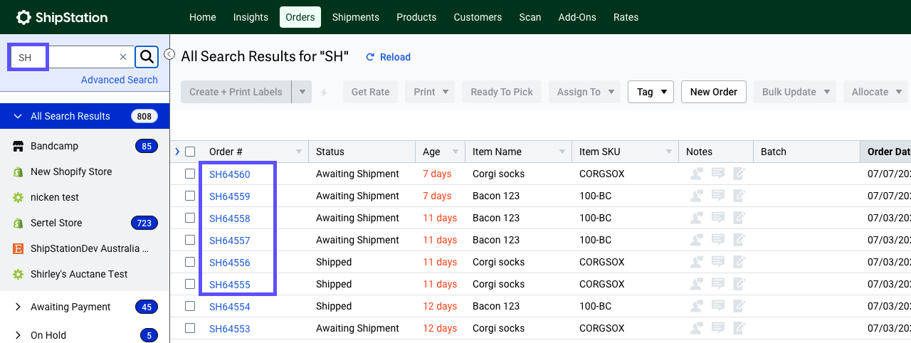 Box highlights search field with text SH-, and the term-matching Order numbers in Order grid.