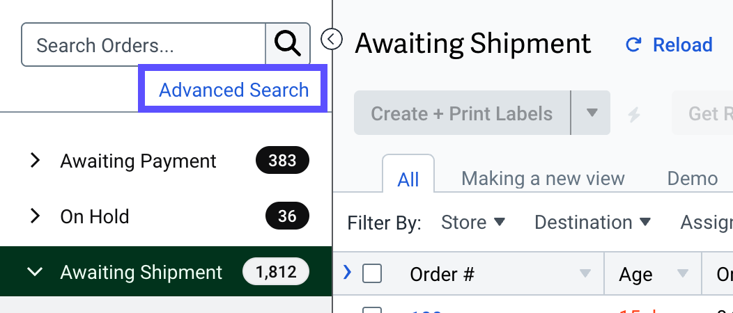 Orders tab with the Advanced Search option highlighted