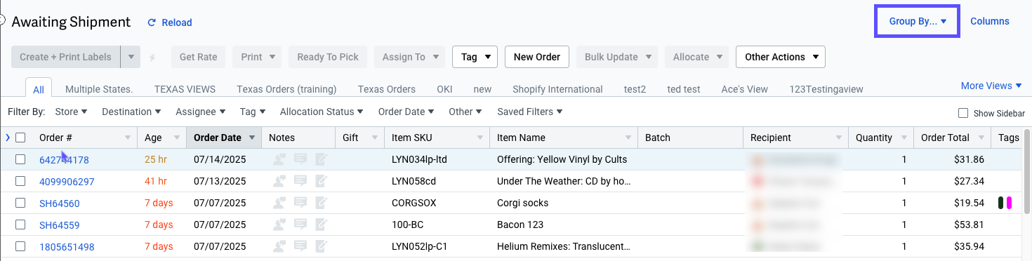 Orders Grid with the Group By menu selected