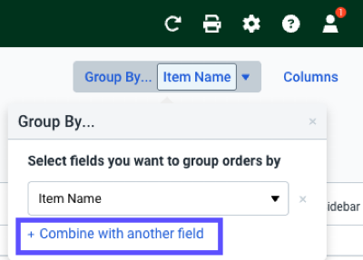 Group by menu with Item Name selected and +Combine with another field option highlighted