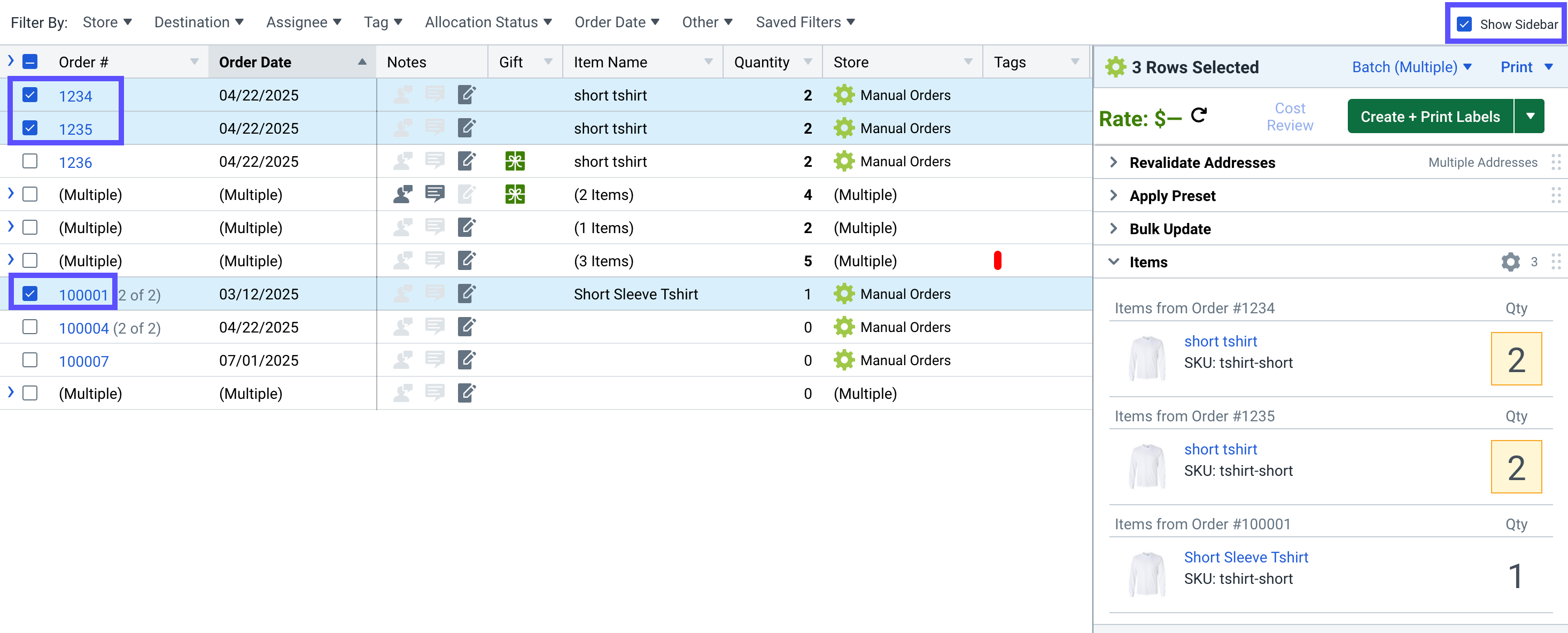 Orders grid with 2 orders selected and the Show Sidebar option checked