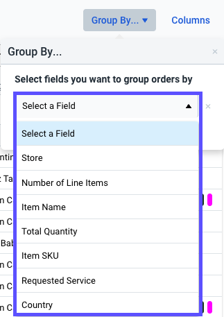 The group by drop-down expanded, showing the available options.