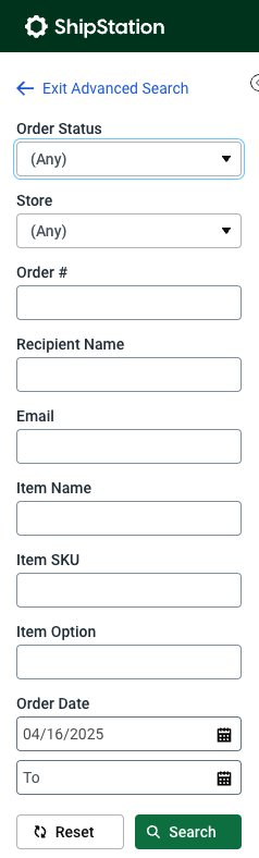 Advanced search in ShipStation, showing all available fields