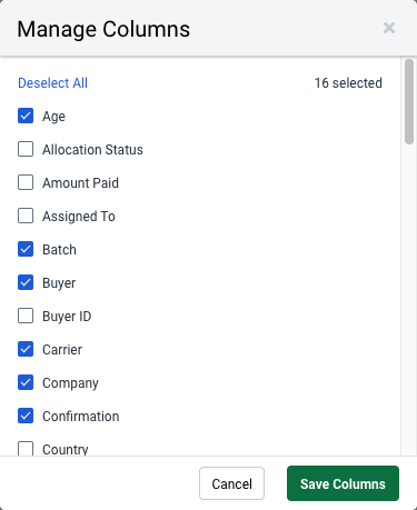 Manage Columns popup from Orders grid. Checked boxes indicate column titles will display in Orders grid.