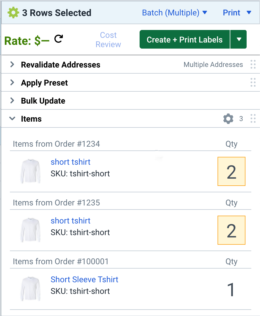 Order sidebar with items grouped by Orders