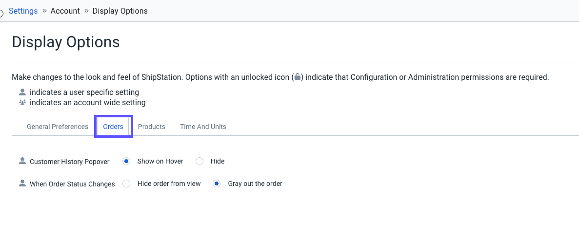 Settings > Display Options page. Orders tab highlighted. Options: Customer History Popover; When Order Status Changes