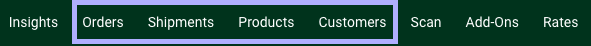 Top navigation bar tabs for Orders, Shipments, Products, and Customers highlighted