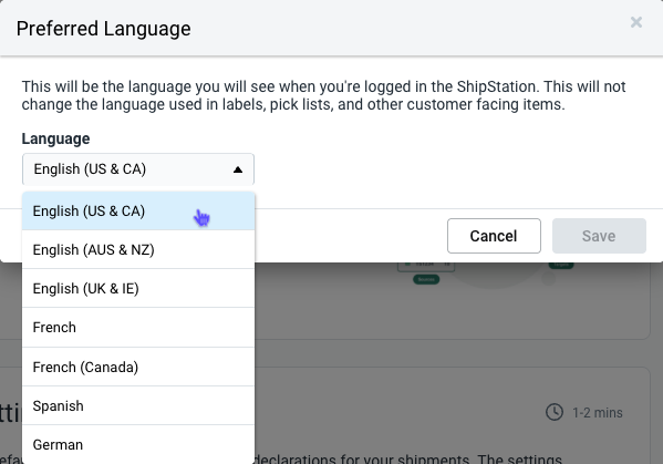 Language drop-down menu displaying available language options