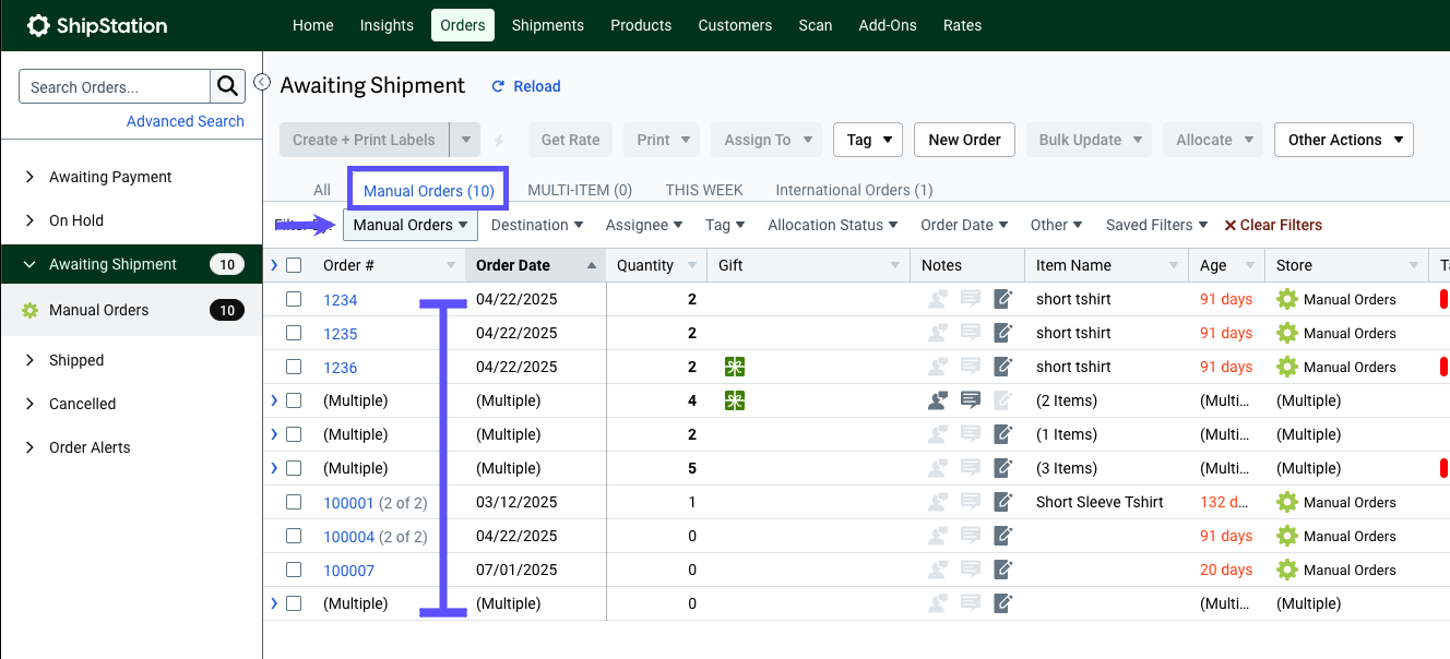 Red box highlights Saved Custom View, red bracket shows filtered orders, & arrow points to filter bar