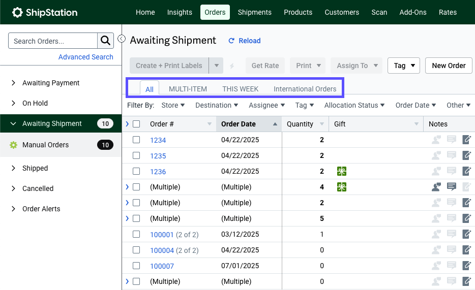 Orders tab. Box highlights example of Saved Views: Drop Ship Shop, Shopify, & Warehouse 1