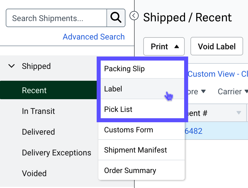 Print menu dropdown options. Red box highlights arrows for Packing slip and Label with printer name.