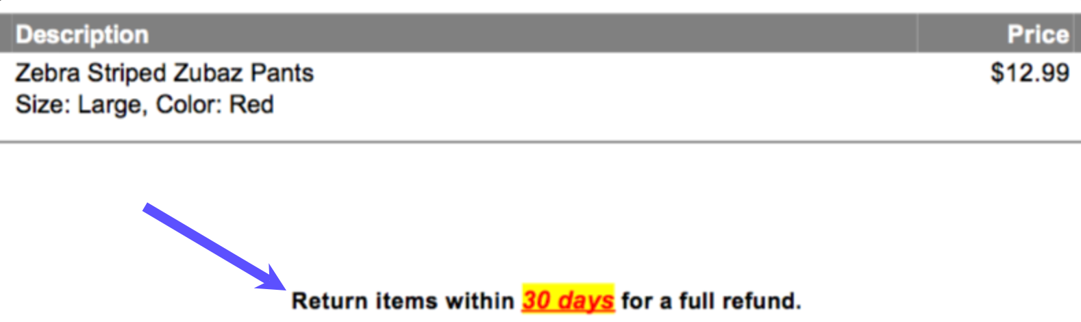 Red arrow points to modified text on packing slip. Modified text says "30 days" in red font with yellow background.