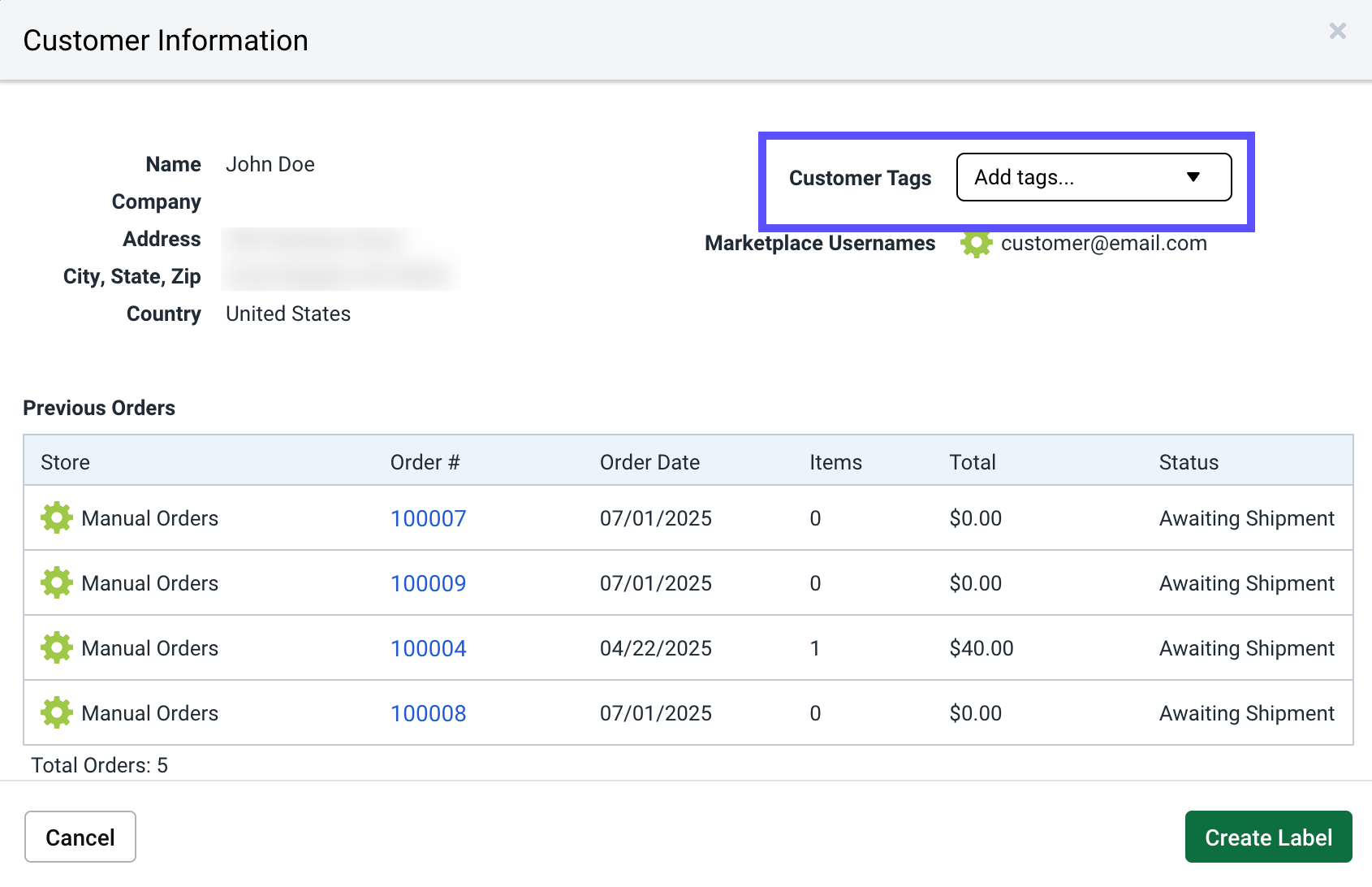 V3 Customer Details pop-up with Customer tag drop-down menu highlighted.