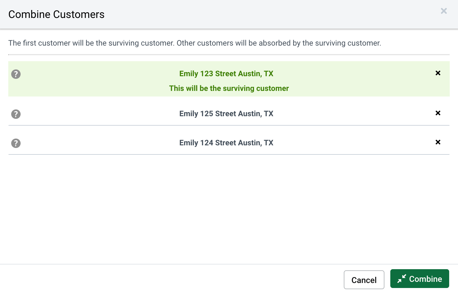 V3 Combine Customers pop-up menu.