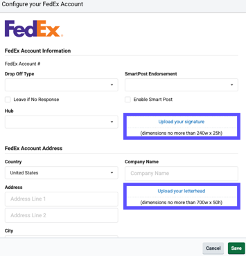 FedEx settings pop-up with the Upload signature and Upload letterhead options highlighted