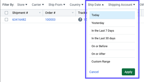 Shipments grid, Ship Date filter marked