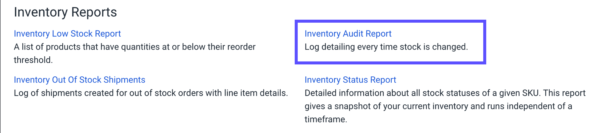 Inventory reports with Inventory Audit report highlighted.