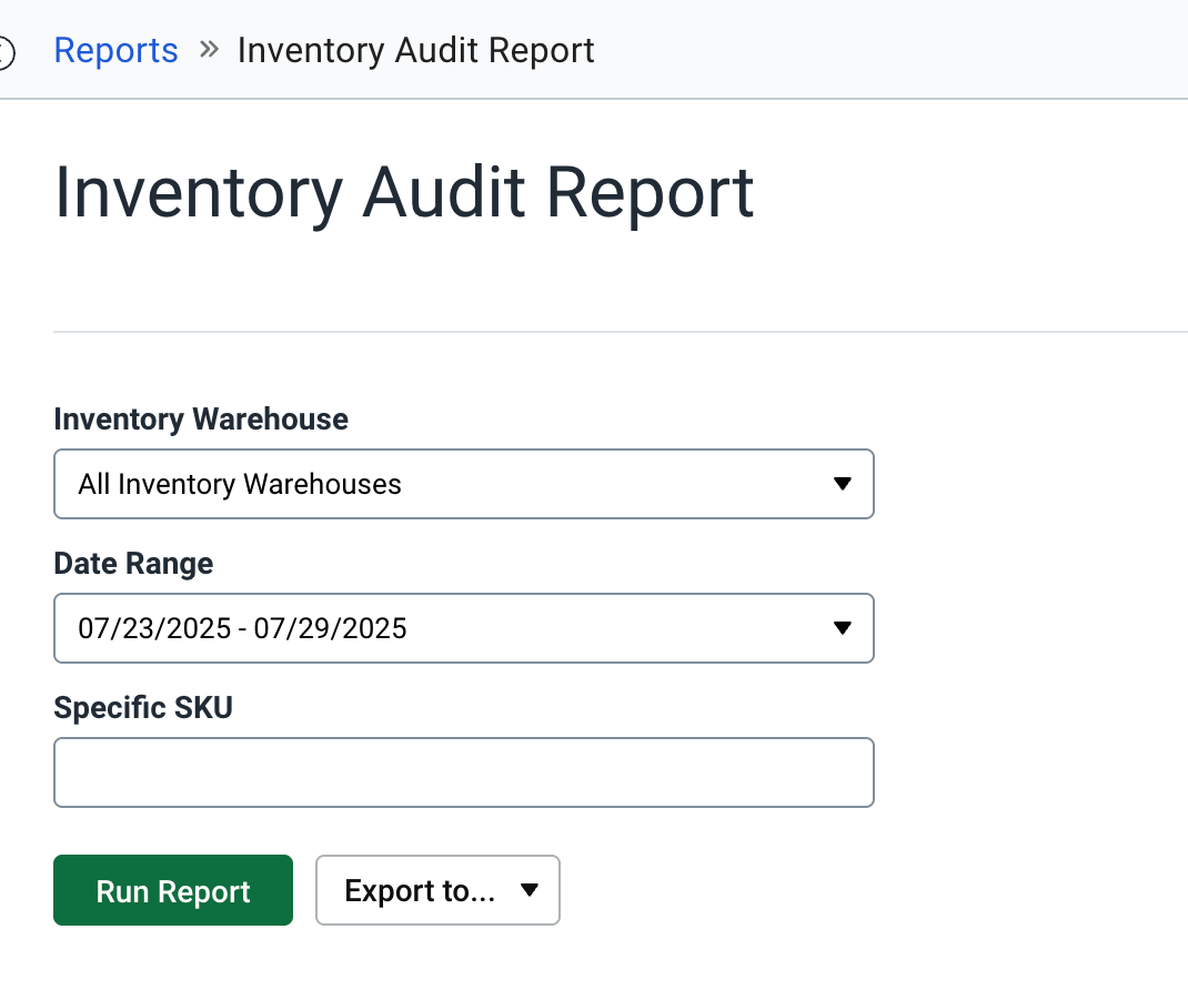 Inventory Audit Report options.