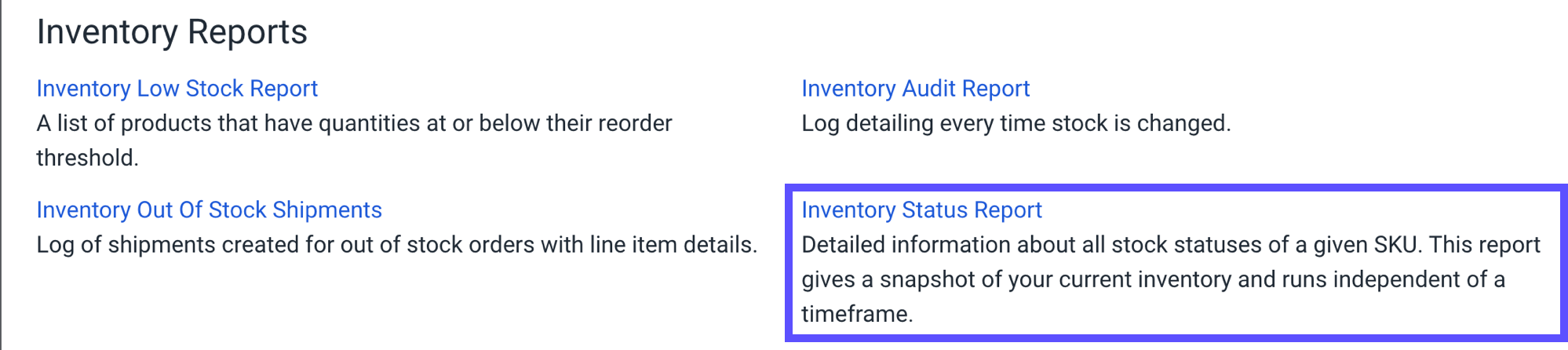Inventory reports with option Inventory Status Report highlighted.