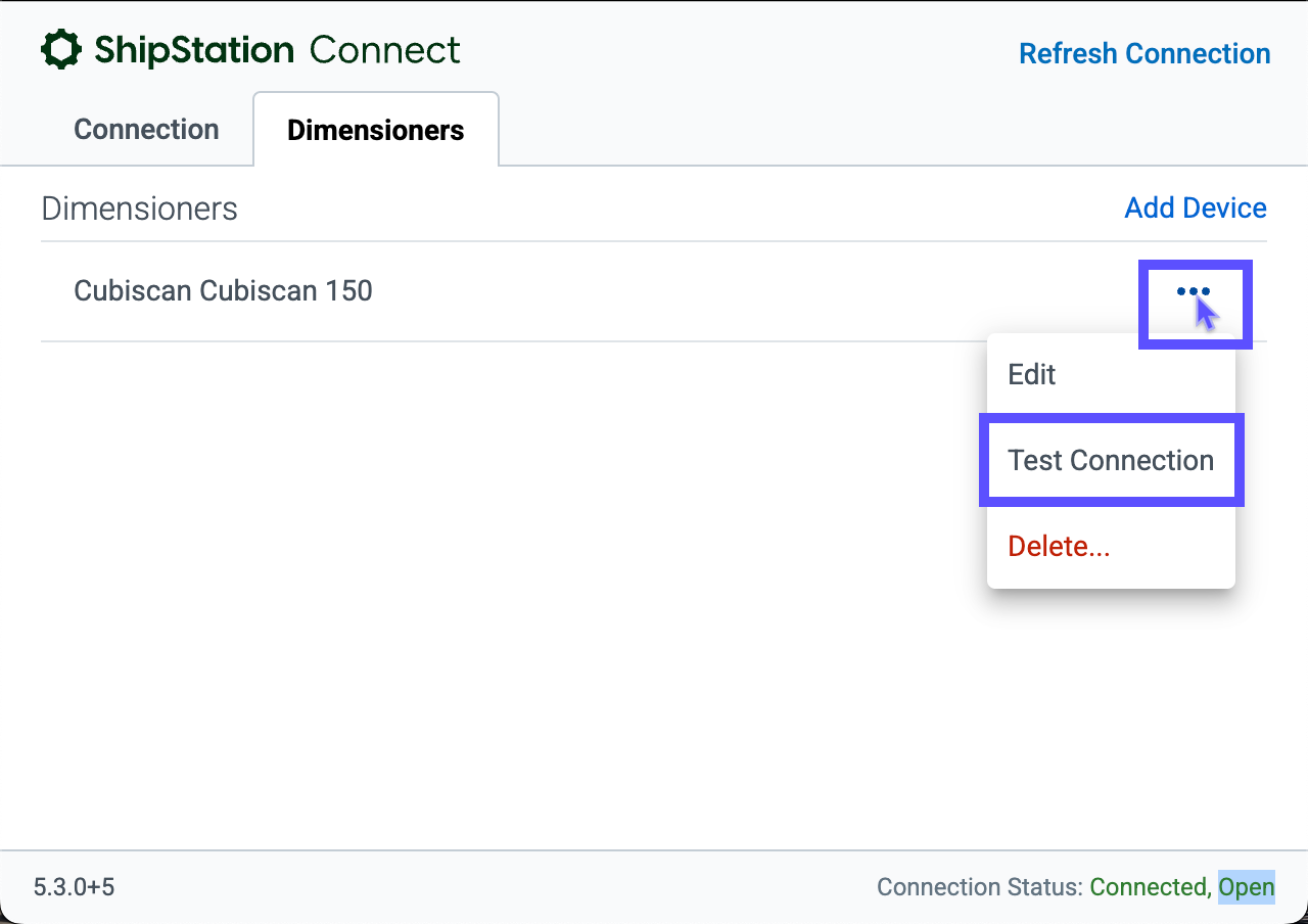 The action menu is expanded and test connection is selected.