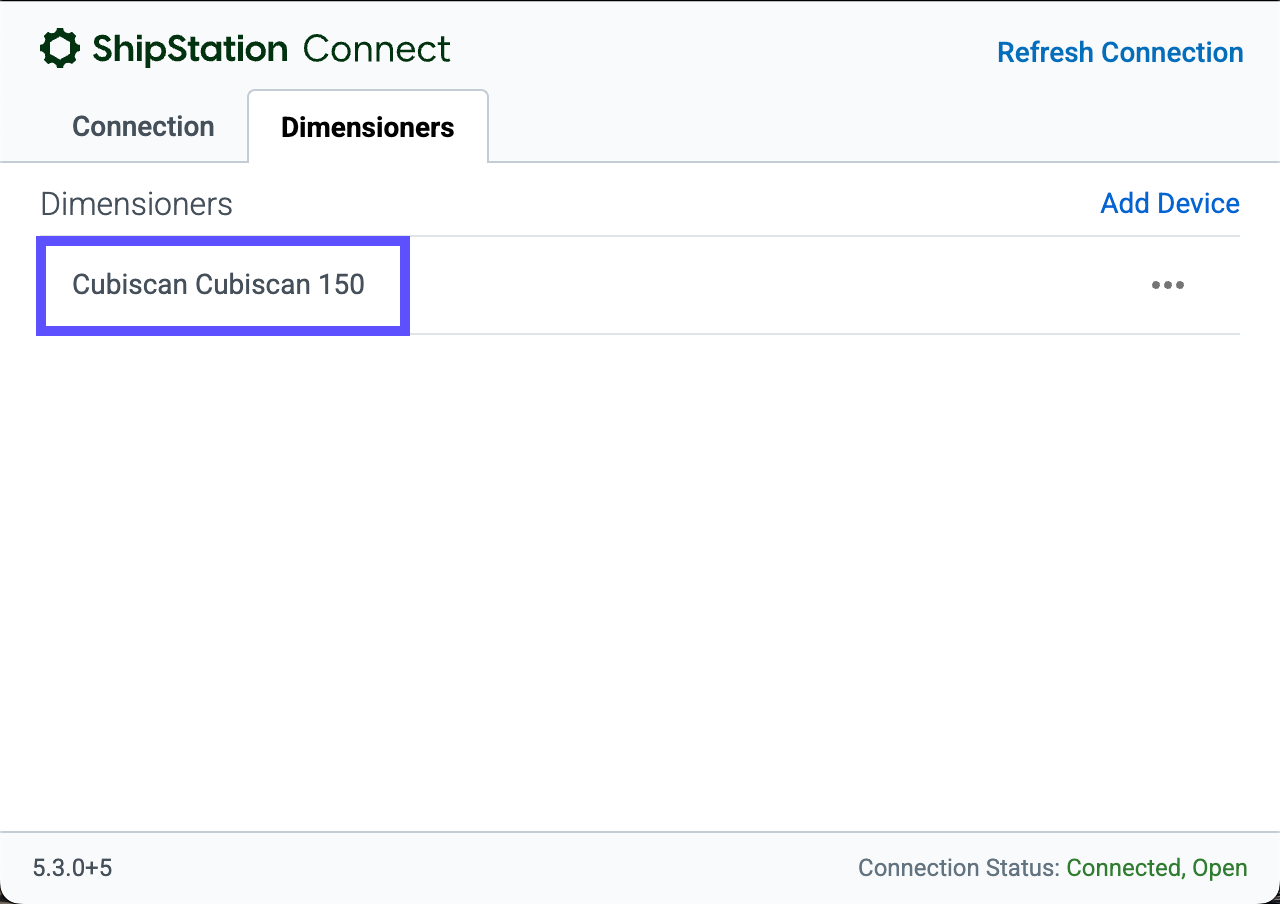 The dimensioners tab is selected showing the added Cubiscan 150 dimensioner.