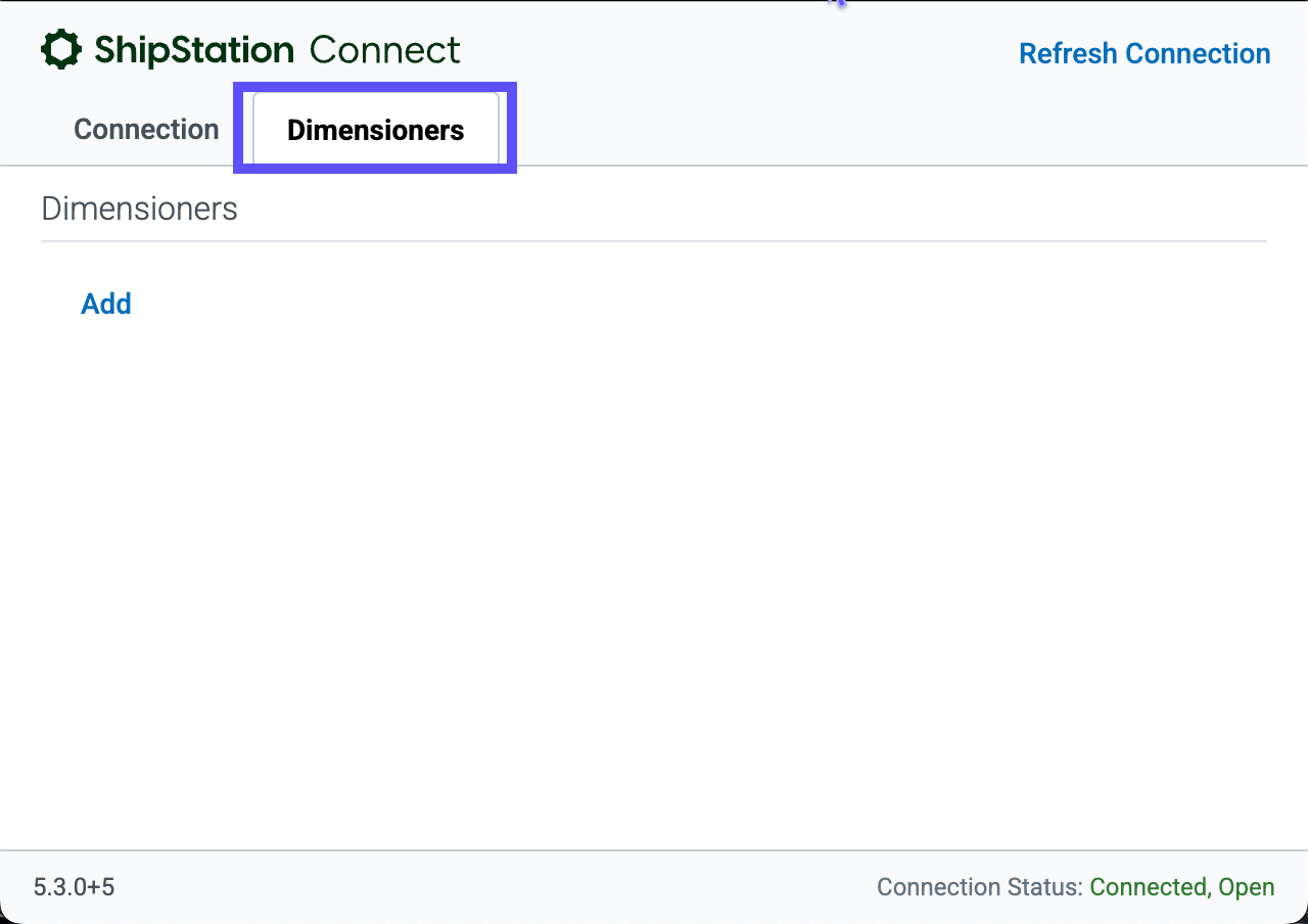 ShipStation Connect is open and the Dimensioners tab is selected.