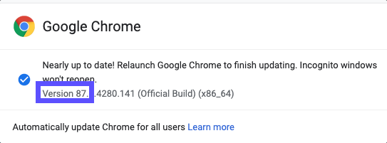 Version number highlighted by red box on Google Chrome About Chrome page.