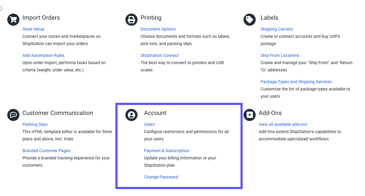 Settings homepage. Red box highlights Account options: Users, Subscription, & Change Password.