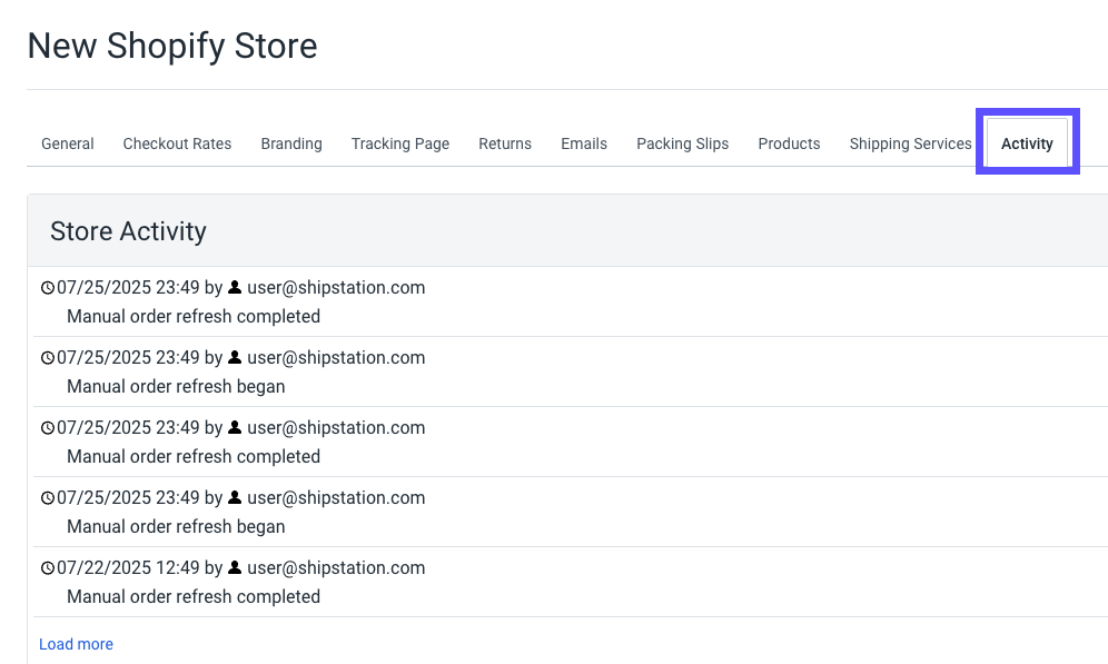 Store Setup page. Red box highlights Activity tab.
