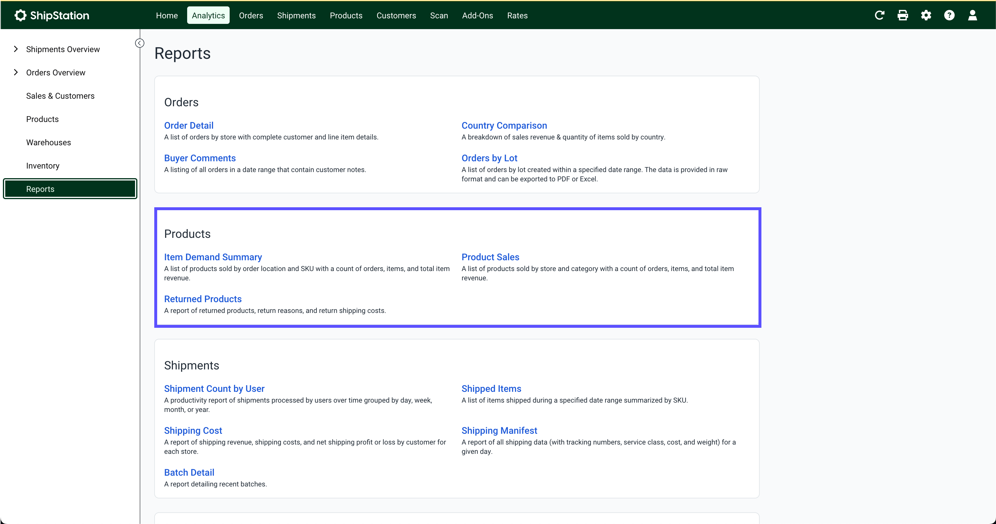 The Products reports are marked.