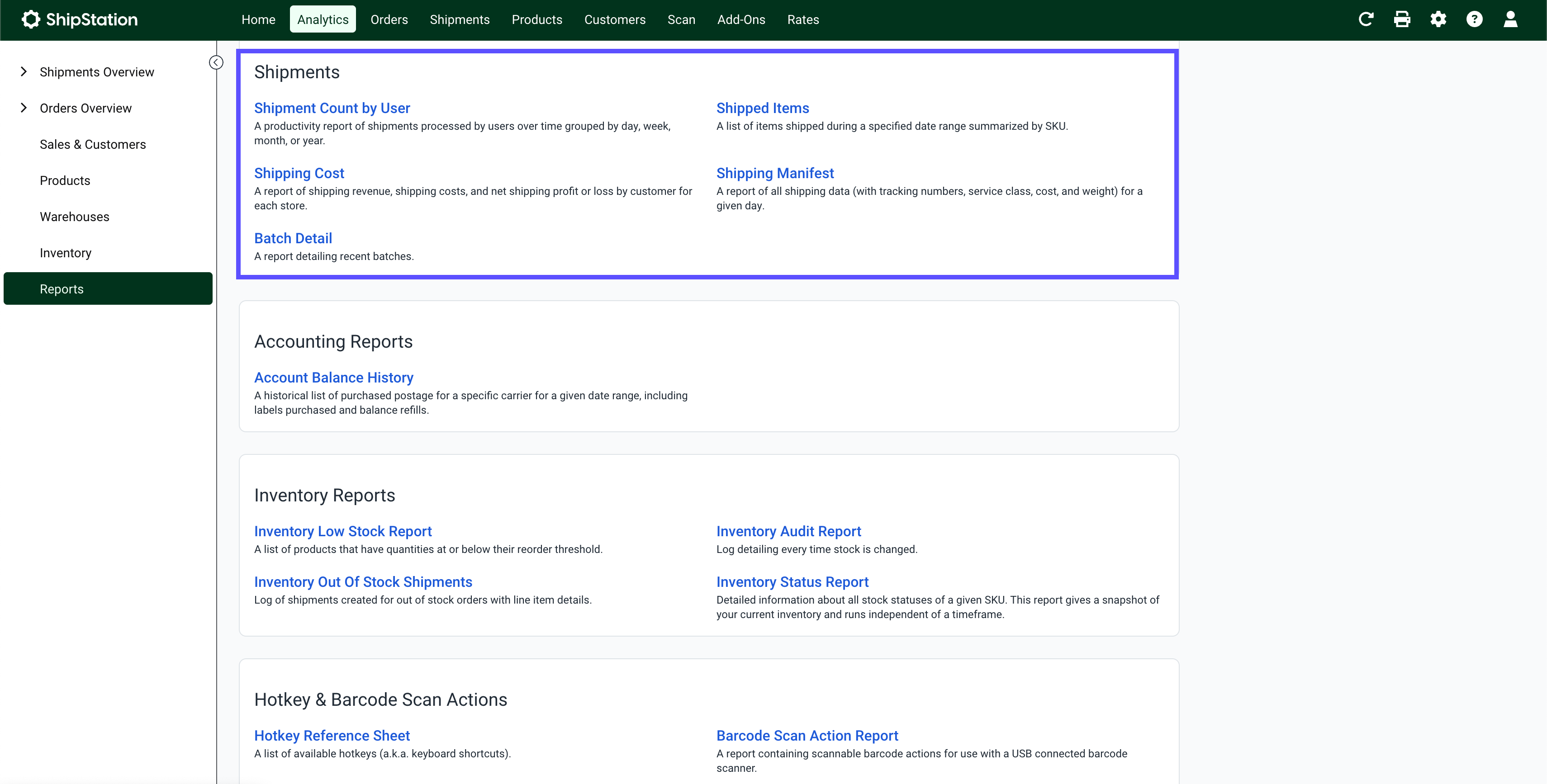 The Shipments reports section is marked.