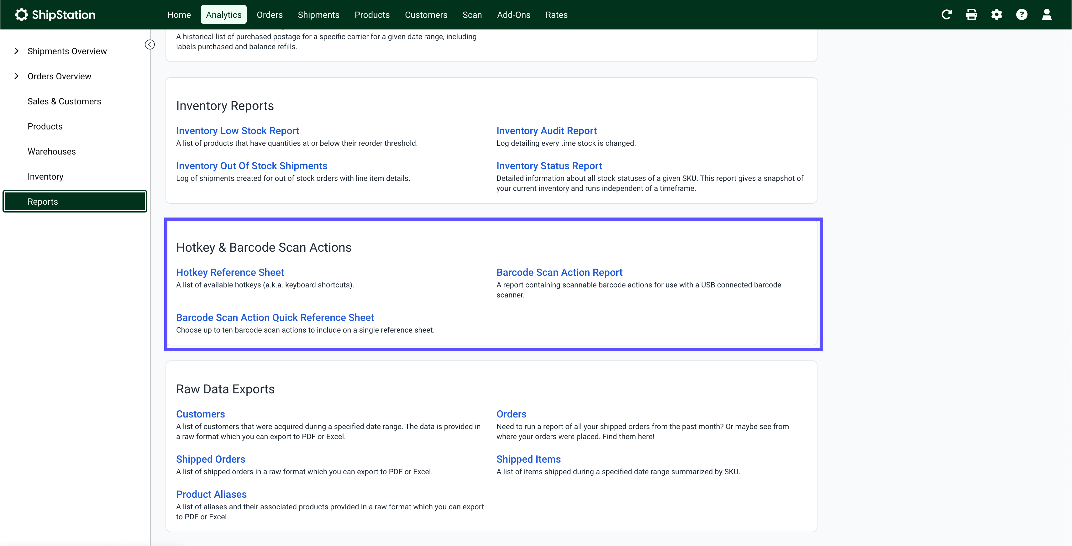 Image: Insights > Reports page, box highlights links 2 hotkey and barcode reference sheets, & barcode scan action report