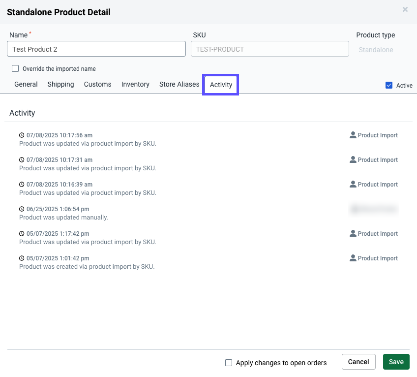 Product Details with the Activity tab open.