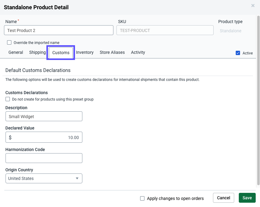 Product details with the Customs tab open.