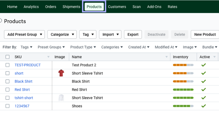 Products grid with Products tab highlighted.