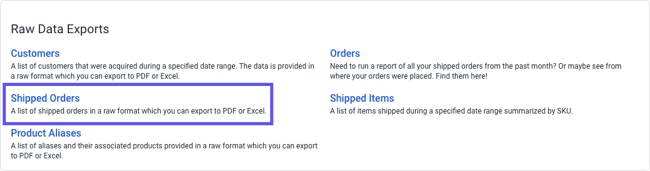 Raw Data Exports page, box highlights Shipped Orders option