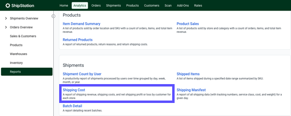 Reports page under Shipments. Box highlights Shipping Cost option.