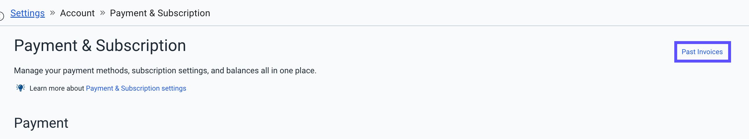 Subscription page with arrow showing the Past Invoices option in the Subscription Plan card.