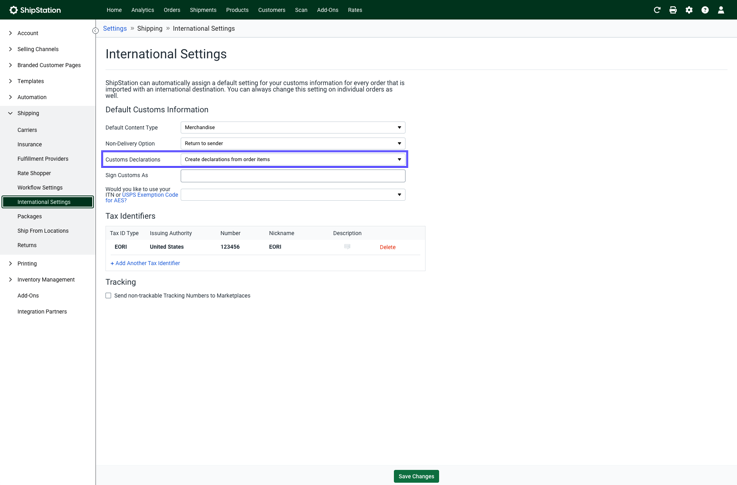 International Settings screen with red box highlighting Customs Declarations drop-down set to "Create declarations from order items".