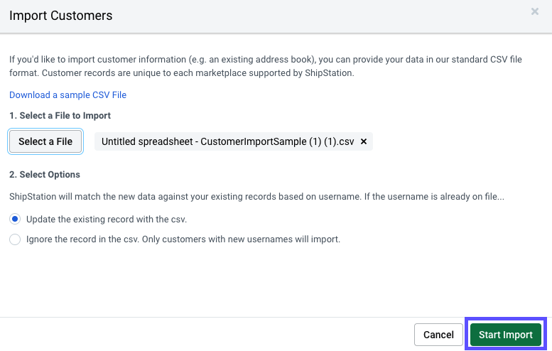 V3 Import customer pop-up with Start Import button highlighted.