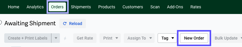 Orders tab. New Order button highlighted