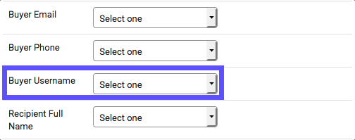 Close-up of CSV Import popup. Red box highlights Buyer Username and dropdown menu to map username.