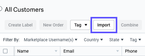 Customer action menu with Import button highlighted.