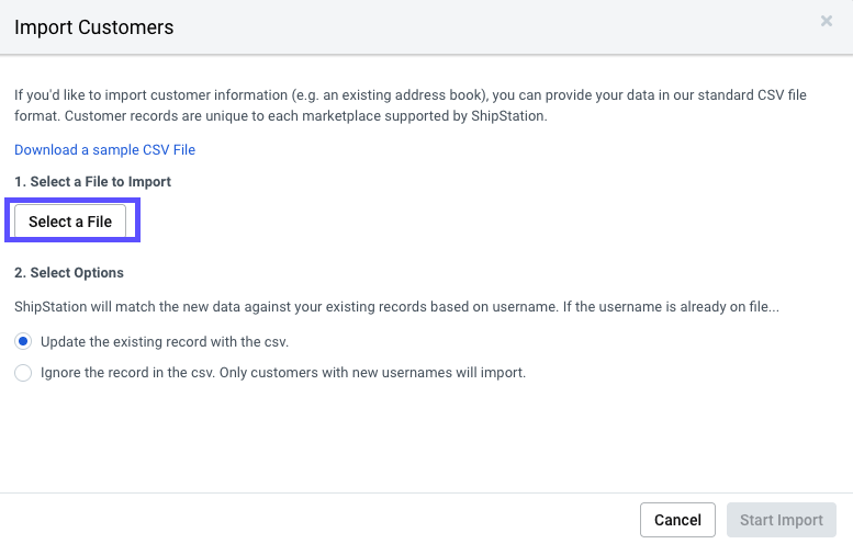 V3 Import customers pop-up with Select a File button highlighted.
